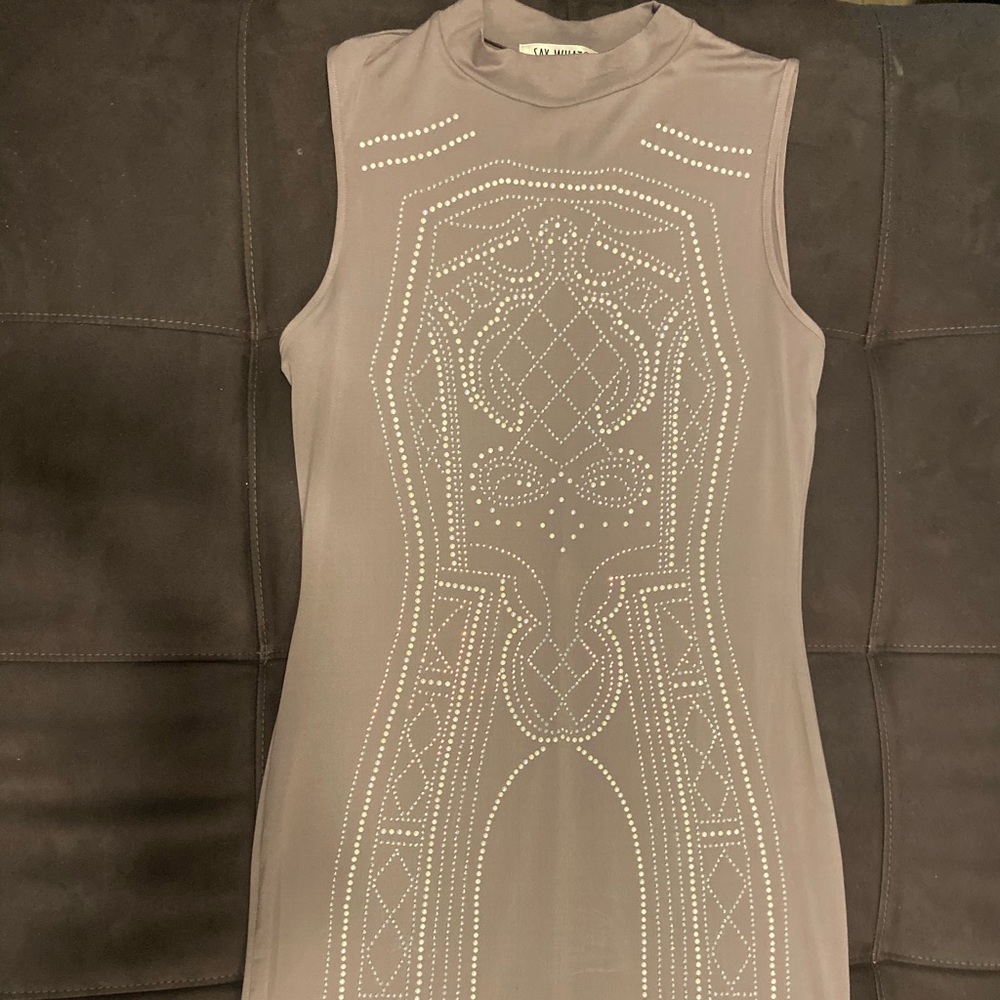 Grayish pink sequenced bejeweled design mini dress